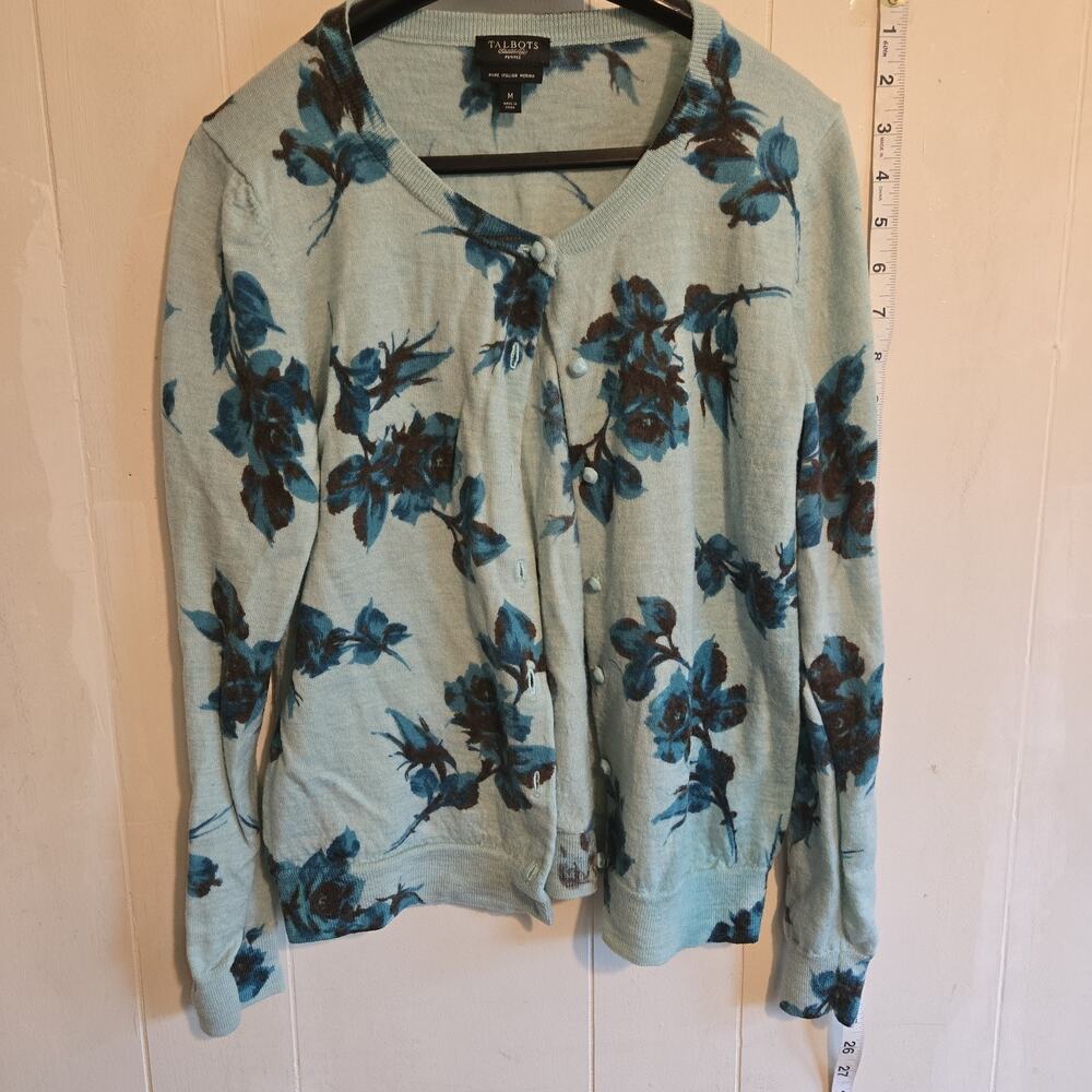 Talbots womens size MED. 100% Merino wool blue floral cardigan sweater